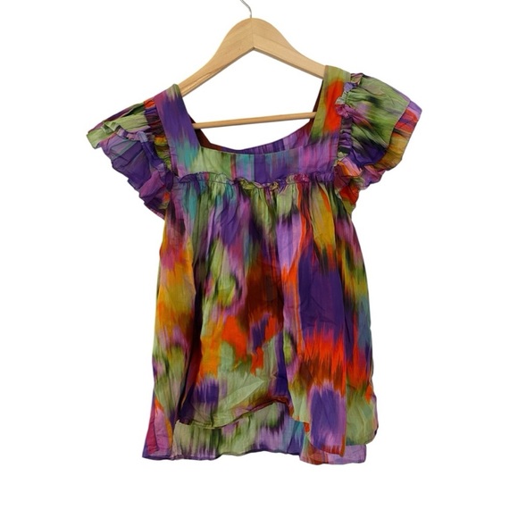 Olivaceous Womens Blousen Peasant Style Top Size Small Tie Dye Ruffle Sleeve - Picture 2 of 6